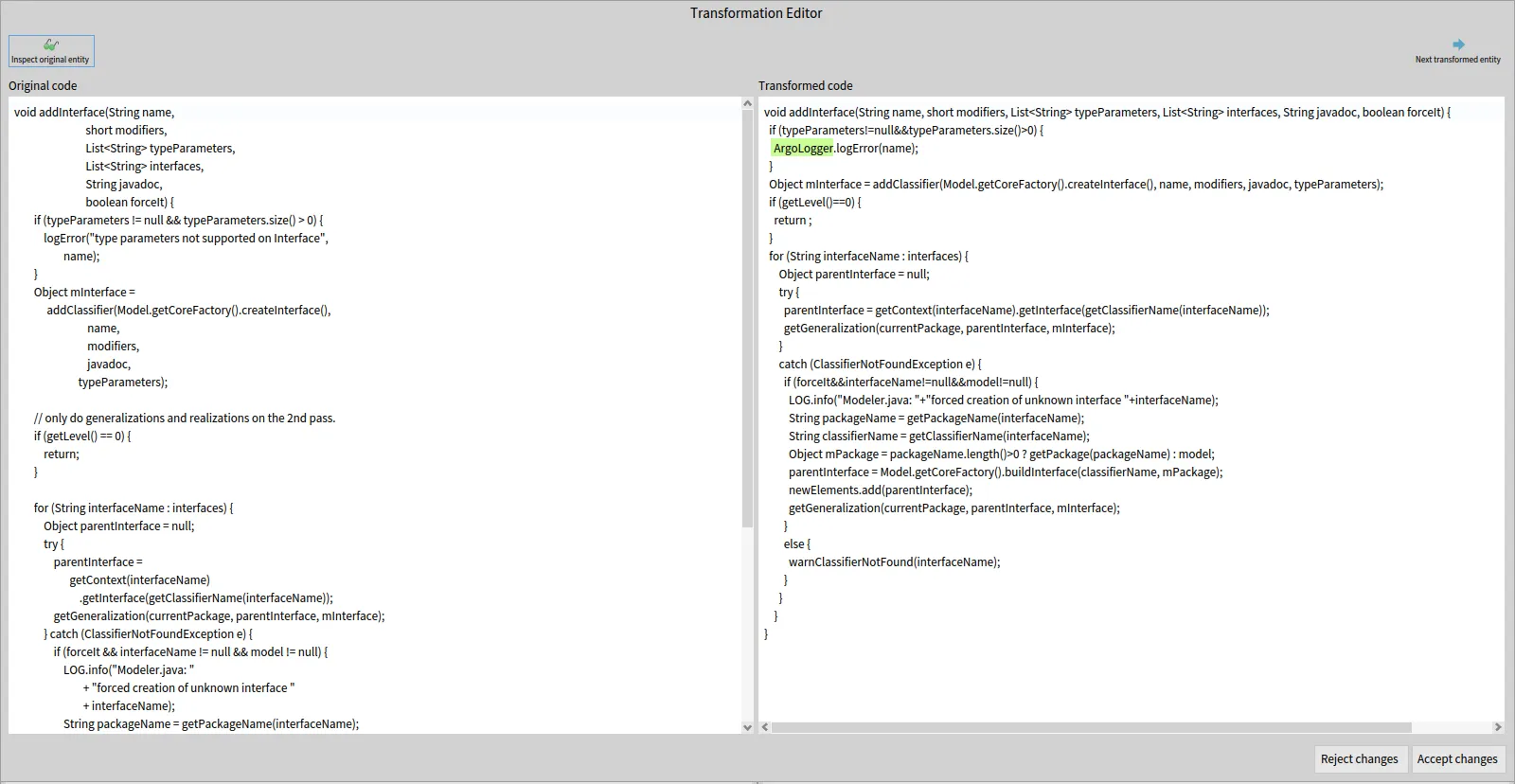 "Transformation display with highlighting"
