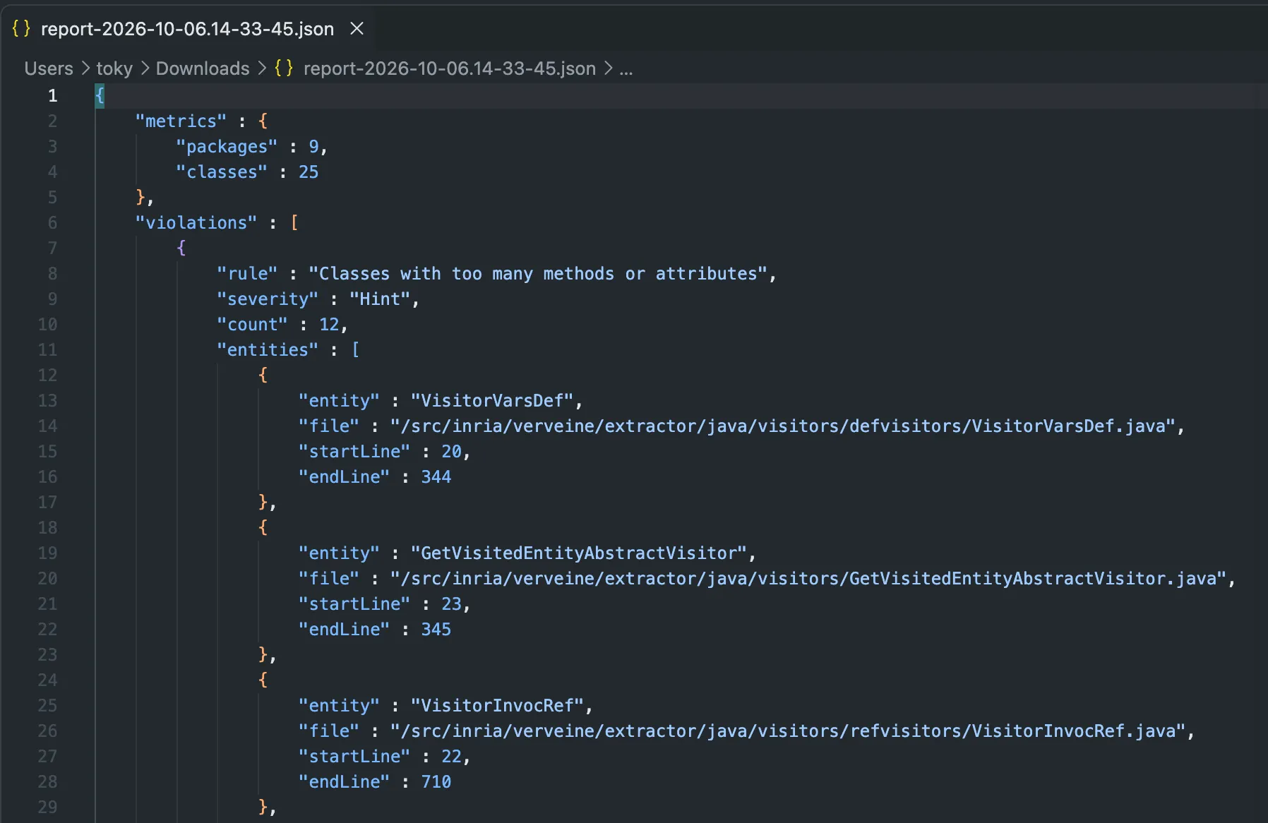 Content of the downloaded JSON report
