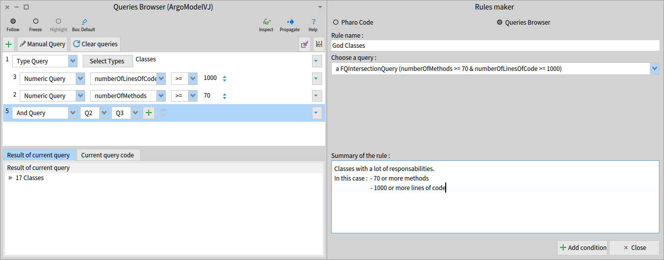 "Condition with Queries Browser : God Classes"